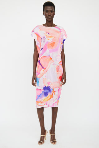 Pleats Please Issey Miyake Pink 
Orange Water Colour Pleated Dress