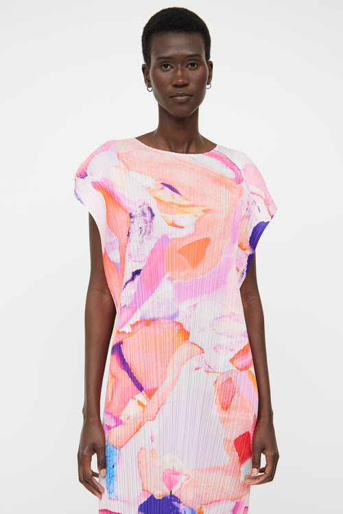 Pleats Please Issey Miyake Pink 
Orange Water Colour Pleated Dress