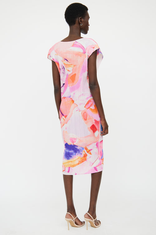 Pleats Please Issey Miyake Pink 
Orange Water Colour Pleated Dress