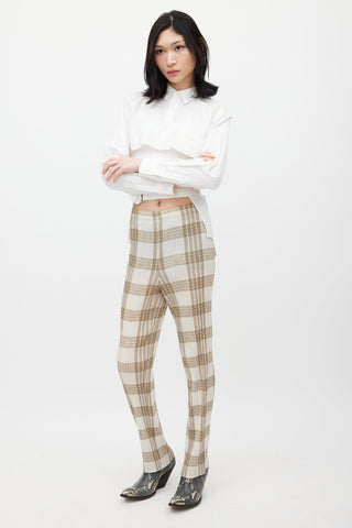 Issey Miyake White 
Beige Pleated Plaid Trouser