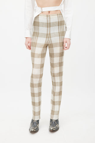 Issey Miyake White 
Beige Pleated Plaid Trouser