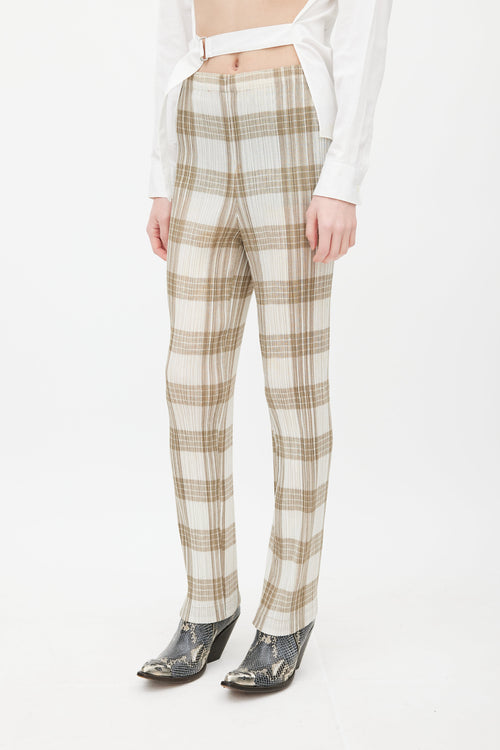 Issey Miyake White 
Beige Pleated Plaid Trouser