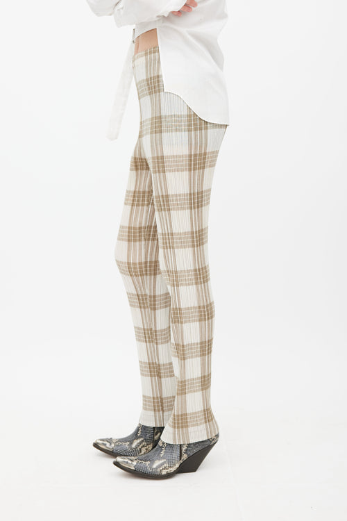 Issey Miyake White 
Beige Pleated Plaid Trouser