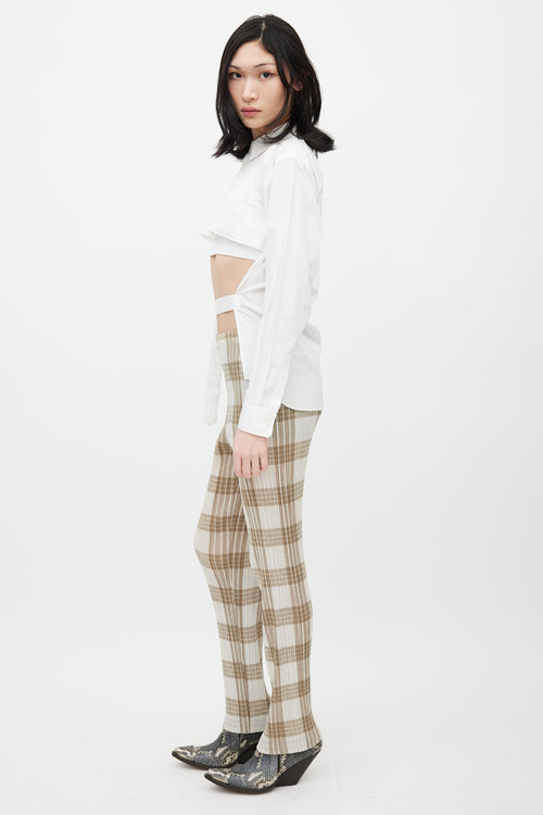 Issey Miyake White 
Beige Pleated Plaid Trouser