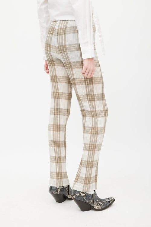 Issey Miyake White 
Beige Pleated Plaid Trouser