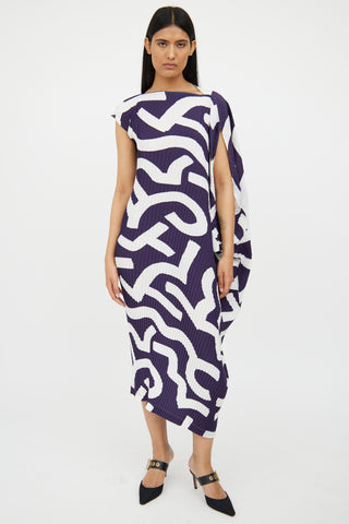 Issey Miyake White 
Navy Pleated Asymmetrical Dress