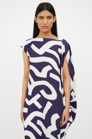 Issey Miyake White 
Navy Pleated Asymmetrical Dress