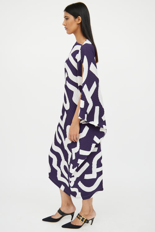 Issey Miyake White 
Navy Pleated Asymmetrical Dress