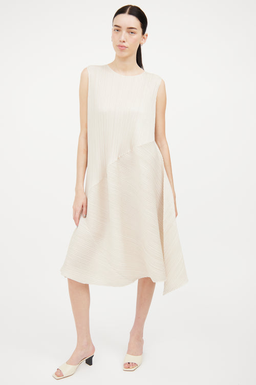 Pleats Please Issey Miyake Ivory Pleated Asymmetrical  Dress