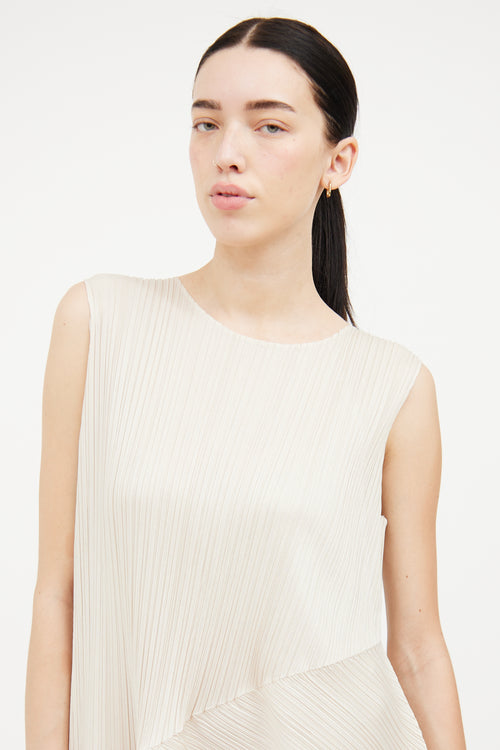 Pleats Please Issey Miyake Ivory Pleated Asymmetrical  Dress