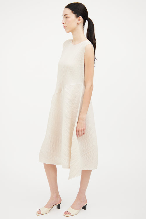 Pleats Please Issey Miyake Ivory Pleated Asymmetrical  Dress