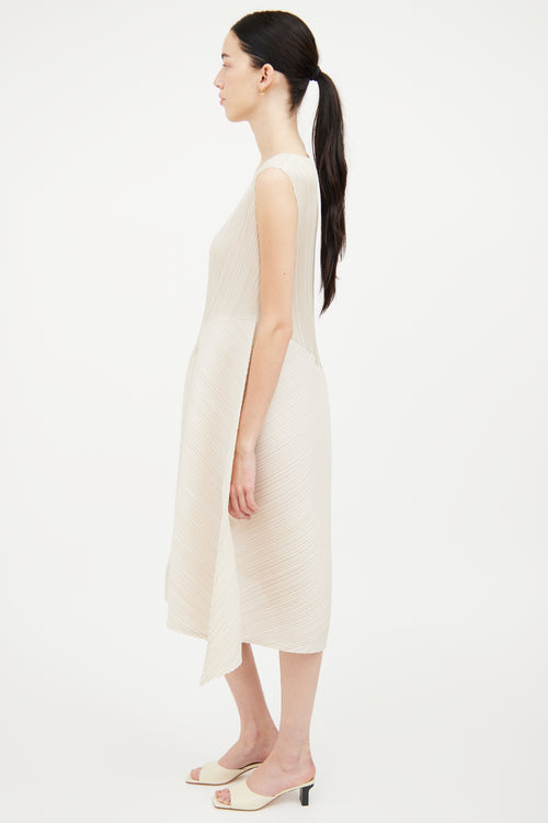 Pleats Please Issey Miyake Ivory Pleated Asymmetrical  Dress