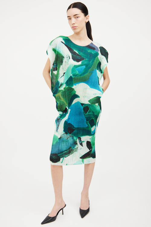 Pleats Please Issey Miyake Green 
Blue Pleated Watercolor Dress