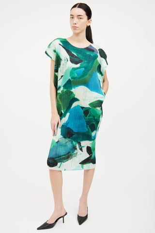 Pleats Please Issey Miyake Green 
Blue Pleated Watercolor Dress