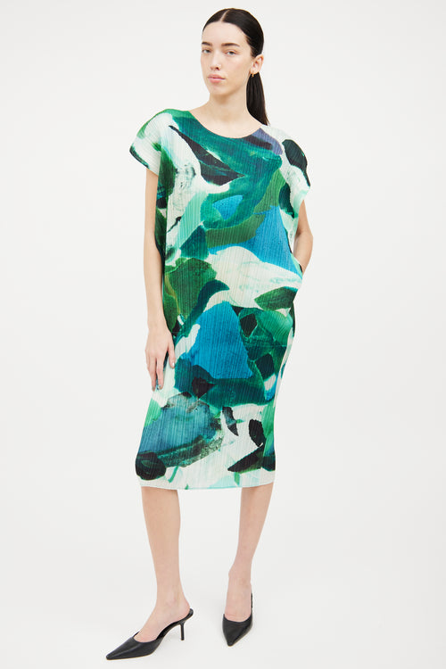 Pleats Please Issey Miyake Green 
Blue Pleated Watercolor Dress