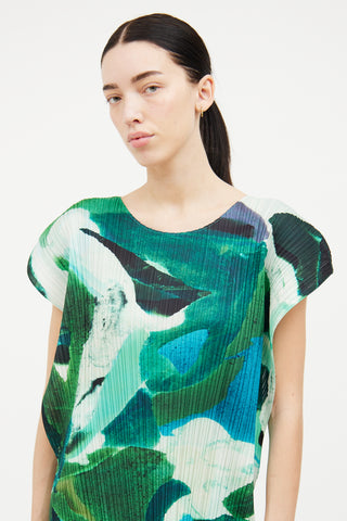 Pleats Please Issey Miyake Green 
Blue Pleated Watercolor Dress