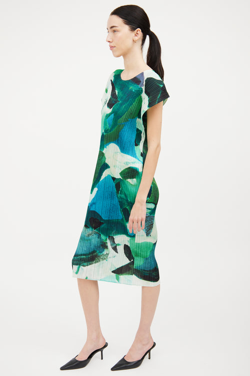 Pleats Please Issey Miyake Green 
Blue Pleated Watercolor Dress