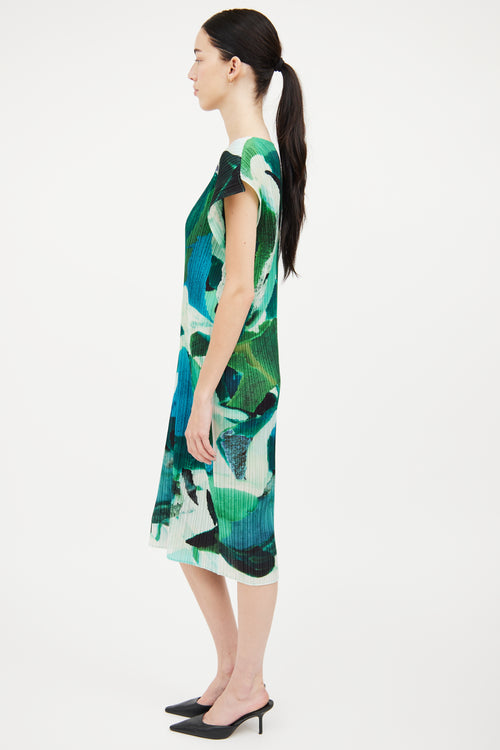 Pleats Please Issey Miyake Green 
Blue Pleated Watercolor Dress