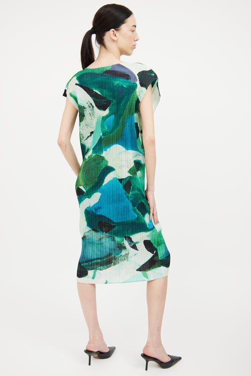 Pleats Please Issey Miyake Green 
Blue Pleated Watercolor Dress