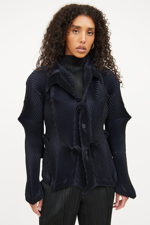 Issey Miyake Black Blue Pleated Cardigan