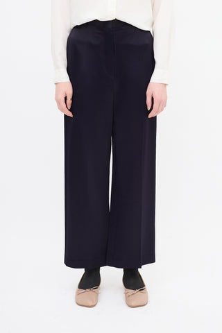 Jil Sander Navy Satin Wide Leg Trouser