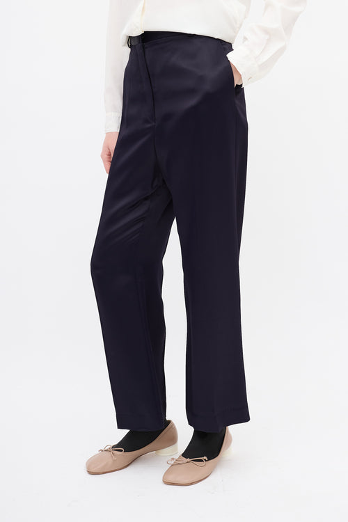 Jil Sander Navy Satin Wide Leg Trouser