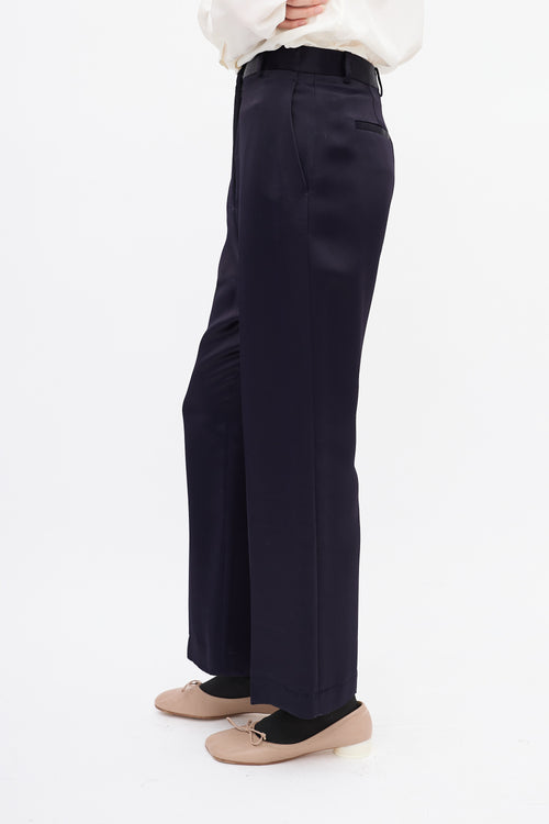 Jil Sander Navy Satin Wide Leg Trouser