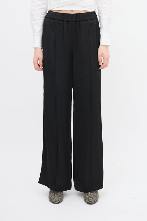 Jil Sander Black Satin Pintuck Wide Leg Pant