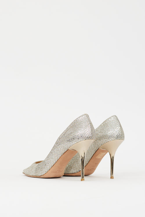 Jimmy Choo Silver 
Gold Glitter Abel 100 Pump