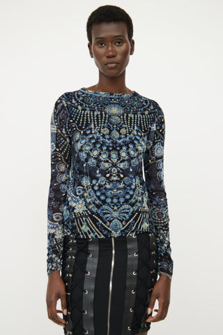 Jean Paul Gaultier Blue 
Multi Patterned Sheer Top