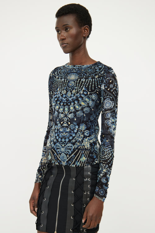 Jean Paul Gaultier Blue 
Multi Patterned Sheer Top