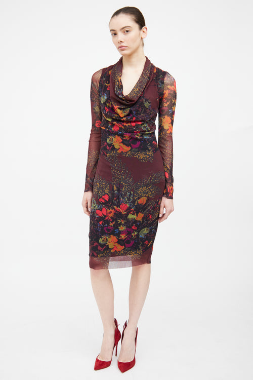 Jean Paul Gaultier Soleil Burgundy Floral Mesh Dress