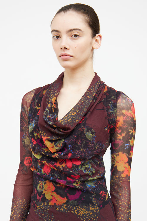 Jean Paul Gaultier Soleil Burgundy Floral Mesh Dress