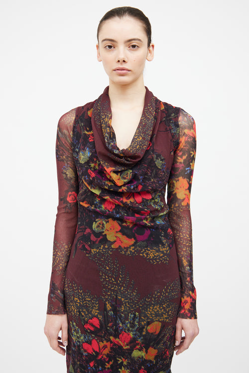 Jean Paul Gaultier Soleil Burgundy Floral Mesh Dress