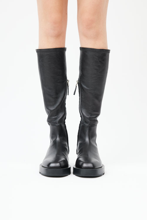  Black Leather Knee High Square Toe Boot