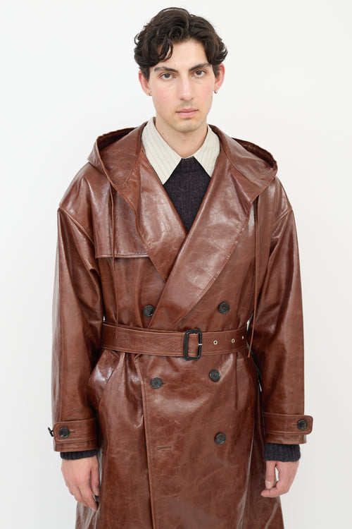 JW Anderson Brown Leather Hooded Trench Coat