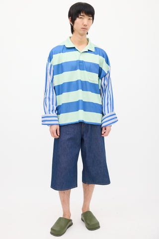 JW Anderson Green 
Blue Striped Contrast Polo