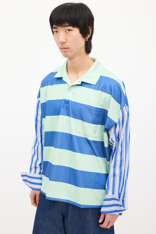 JW Anderson Green 
Blue Striped Contrast Polo