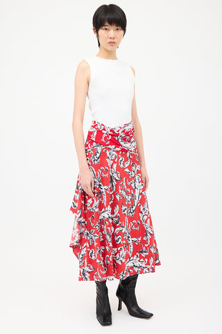 JW Anderson Red 
Multi Silk Printed Asymmetrical Skirt