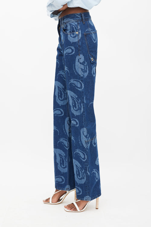 Jacquemus Le Raphia Blue Paisley Printed Jeans