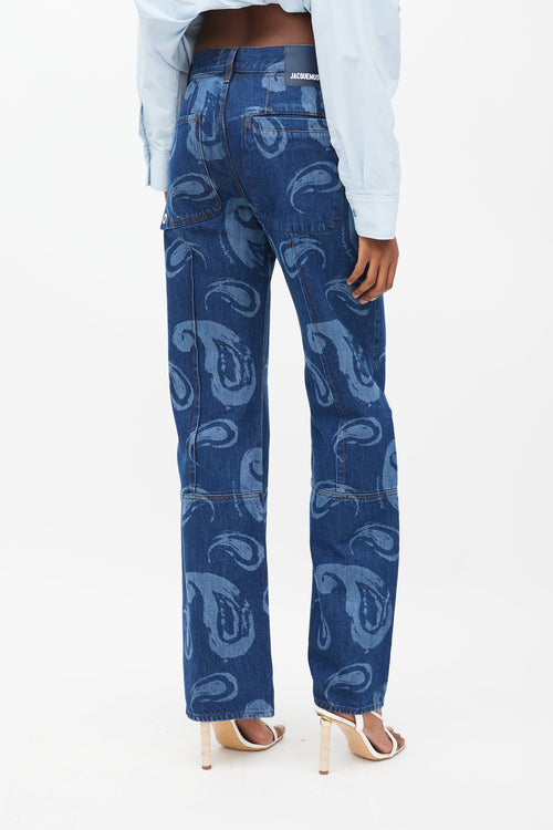 Jacquemus Le Raphia Blue Paisley Printed Jeans