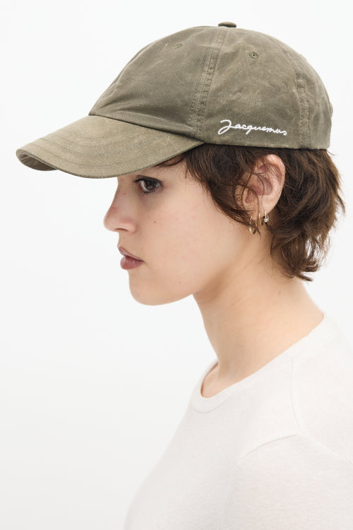 Jacquemus Khaki Green Waxed Cotton Logo Baseball Hat