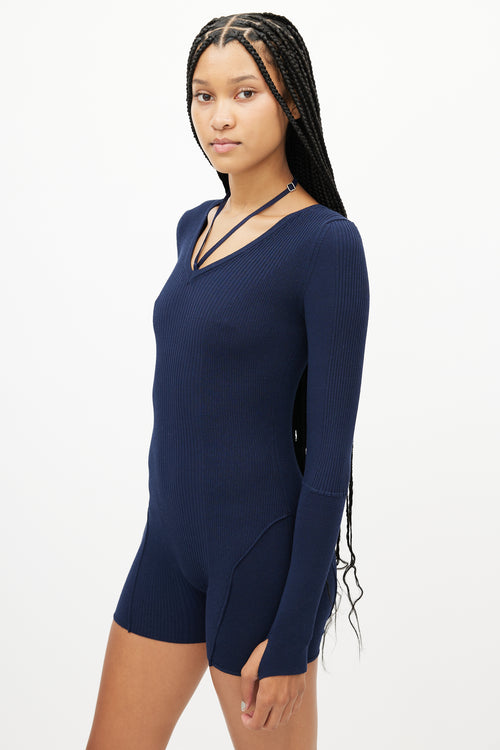 Jacquemus Navy Ribbed Tie Bodysuit