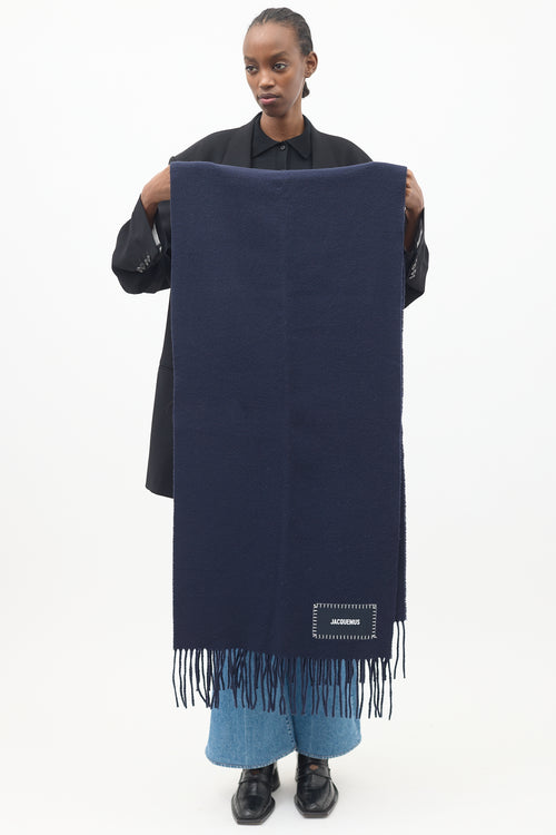 Jacquemus Navy Wool Label Logo Fringe Scarf