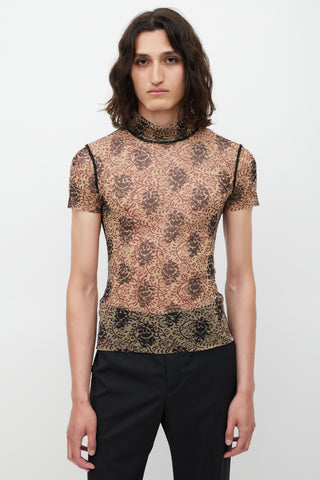 Jean Paul Gaultier Beige 
Red Floral Mesh Top