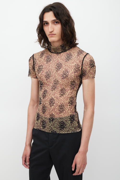 Jean Paul Gaultier Beige 
Red Floral Mesh Top