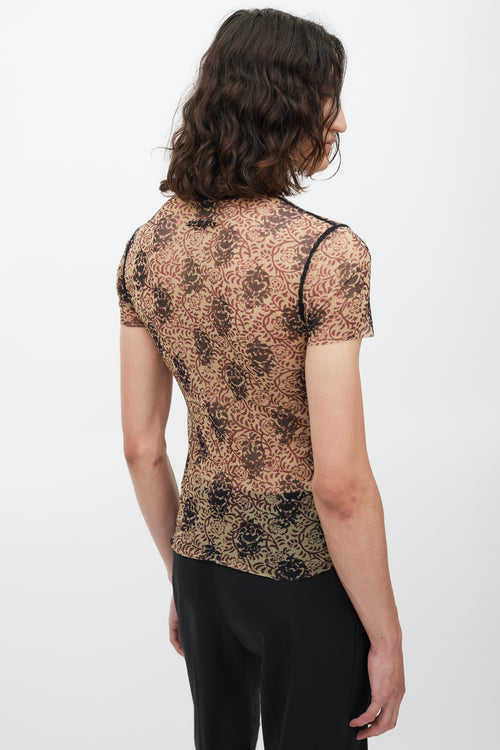 Jean Paul Gaultier Beige 
Red Floral Mesh Top