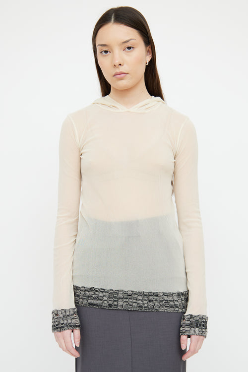 Jean Paul Gaultier Cream Sheer Mesh 
Knit Hooded Top