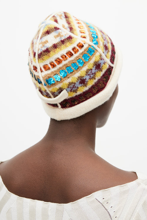 Jean Paul Gaultier Cream 
Multicolour Wool Sequin Knit Hat