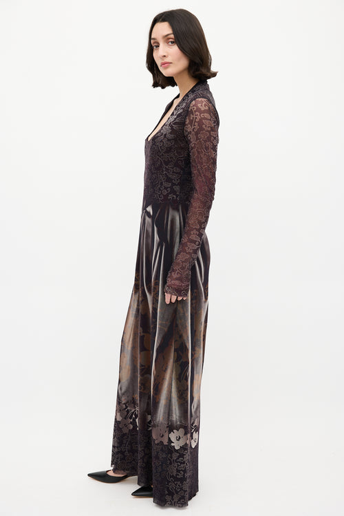 Jean Paul Gaultier Fuzzi Black 
Multi Mesh Floral Maxi Dress